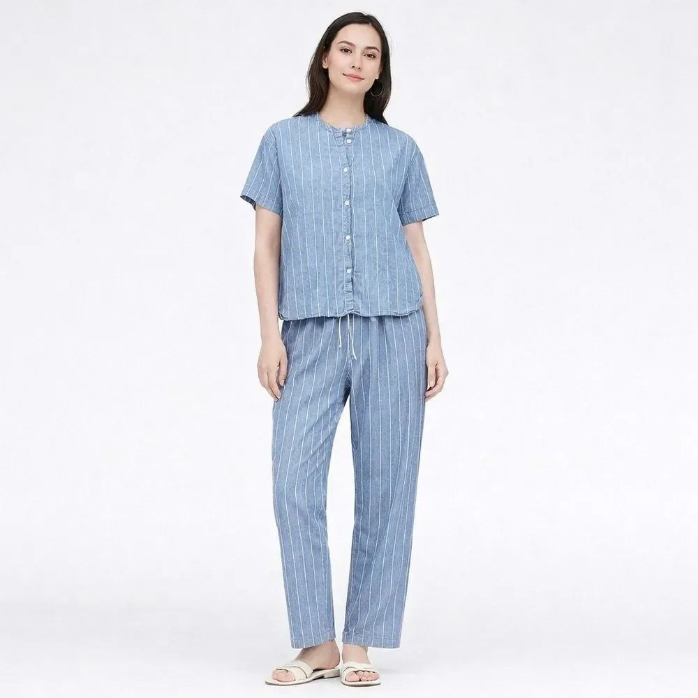 Striped Two-Piece Button Front Top and Pants Set - Light Blue & White